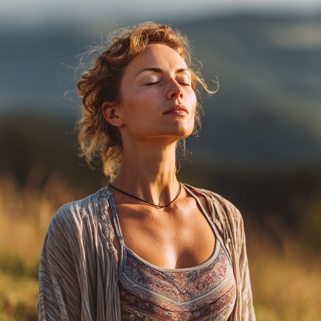 Serene individual practicing mindful meditation in lotus position, radiating inner peace and mental clarity
